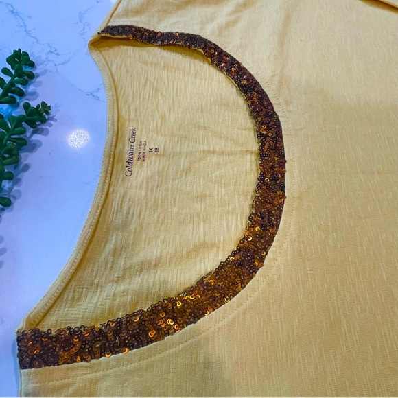Coldwater Creek Heather Yellow 3/4 Sleeve Cotton Shirt with Brown Sequin Collar - Picture 2 of 10
